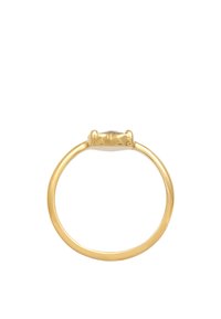 Guld ring med en slank skæft og en enkel prongsætning. Indeholder en klar, oval ædelsten i midten. Glat overflade, poleret finish.