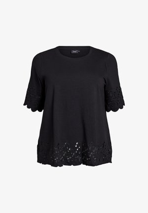 Must have lühikeste varrukatega must puuvillane topp, millel on tikitud detailid varrukatel ja dekoratiivne lõikega lillemuster hemmi ääres.