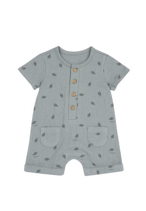 Combinaison courte à manches courtes vert clair avec motifs de coquillages, boutons en bois, deux poches avant et revers aux manches. Tissu doux et texturé.