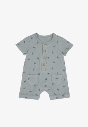 Tutina verde chiaro a maniche corte con motivi a conchiglia, bottoni di legno, due tasche frontali e risvolti alle maniche. Tessuto dalla texture morbida.