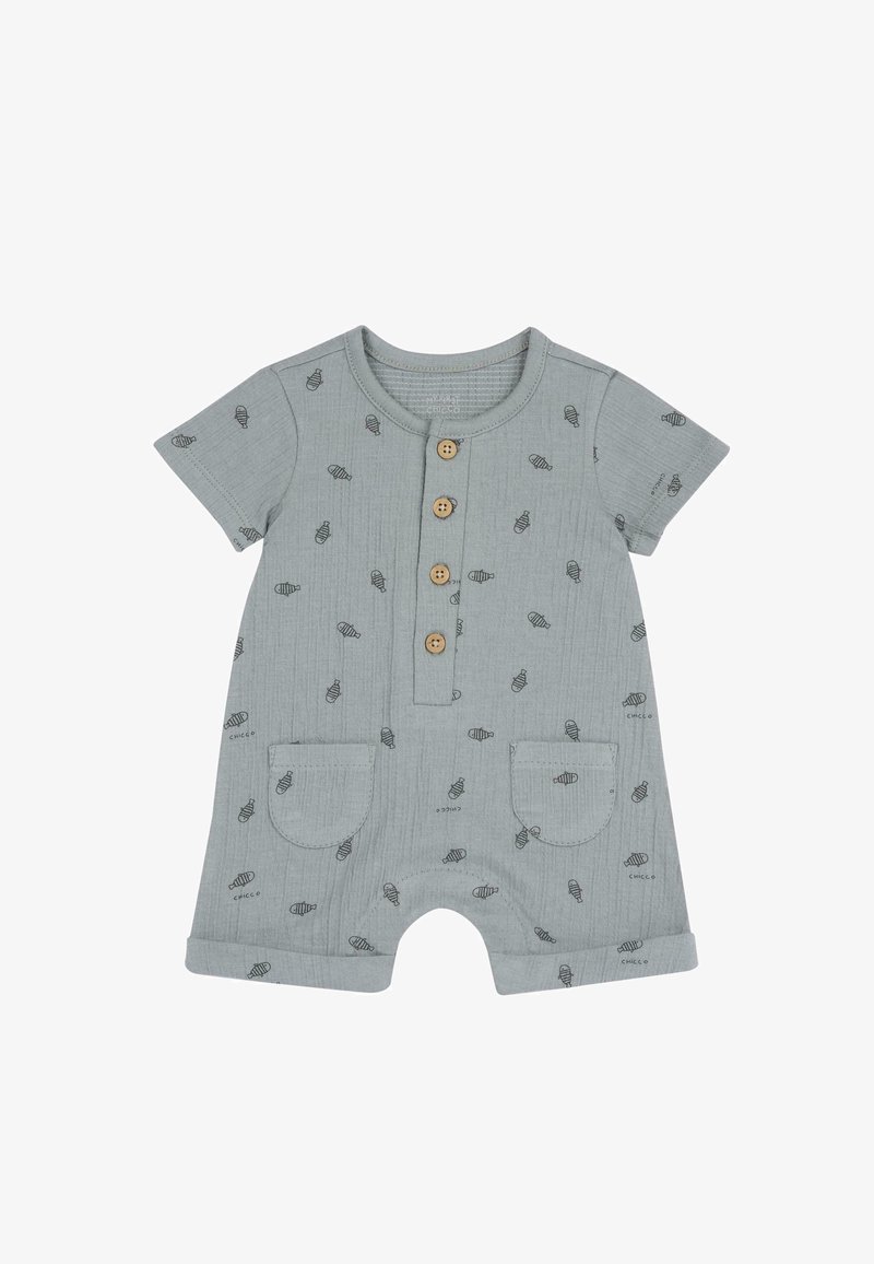 Combinaison courte à manches courtes vert clair avec motifs de coquillages, boutons en bois, deux poches avant et revers aux manches. Tissu doux et texturé.