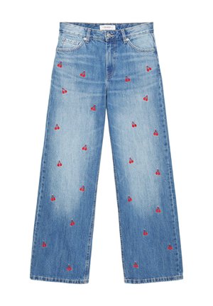 Blue wide-leg jeans with small red cherry embroidery scattered across front and back, metal button, and five-pocket design.
