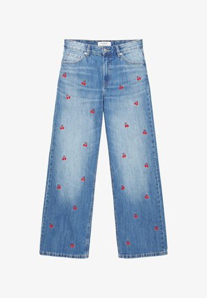 Blue wide-leg jeans with small red cherry embroidery scattered across front and back, metal button, and five-pocket design.