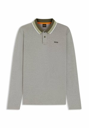 Long-sleeve polo shirt in light gray. Features a contrasting dark green collar and white trim, with a small black logo on the chest.