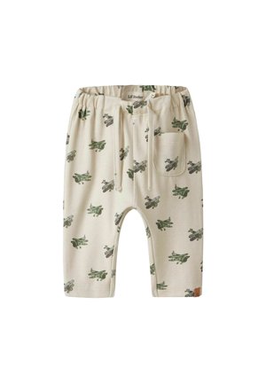 Beżowe spodnie dla malucha z elastycznym pasem, troczkiem, małą przednią kieszonką i wzorem zielonych samolotów na całej powierzchni.