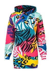 Hooded sweatshirt made of fabric featuring vibrant multicolored patterns with shapes resembling leaves and animal prints in pink, blue, and yellow.