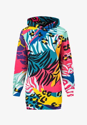 Kapuzensweatshirt aus Stoff mit lebendigen, mehrfarbigen Mustern, die Formen ähneln, die an Blätter und Tierdrucke in Pink, Blau und Gelb erinnern.