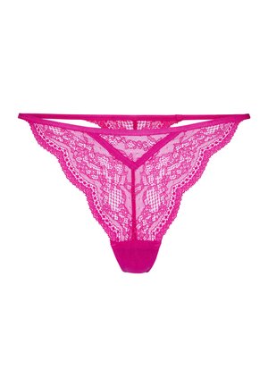 Roze kanten string met ingewikkeld bloemmotief, gestructureerde tailleband en glad, effen achterpaneel. Fijne afwerking langs de randen.