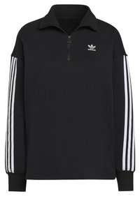 Sweat-shirt noir avec col zippé sur la moitié, présentant des accents à trois bandes blanches sur les manches et un logo brodé sur la poitrine.