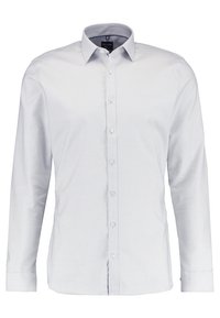 Chemise à manches longues gris clair avec un col classique, des boutons sur le devant et une texture subtile. Le poignet intérieur présente un motif contrastant.