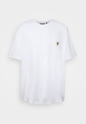 White cotton t-shirt with a round neckline and short sleeves, featuring a small yellow embroidered logo on the left chest.