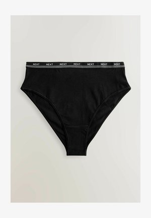 Černé dámské kalhotky vyrobené z hladké tkaniny s širokým černým pasem, na kterém je bílo text "NEXT" a tenké bílé akcentní pruhy.