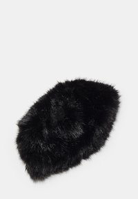 Black faux fur beret with a rounded shape and soft texture. Features a smooth, shiny finish and a slightly pointed edge.