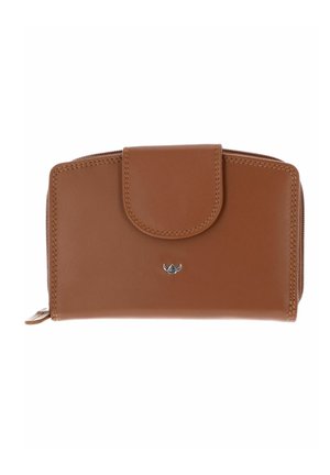 Portefeuille compact en cuir marron avec fermeture à rabat et petit logo métallique centré sous le rabat, fermeture éclair autour des bords.