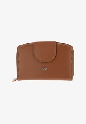 Portefeuille compact en cuir marron avec fermeture à rabat et petit logo métallique centré sous le rabat, fermeture éclair autour des bords.