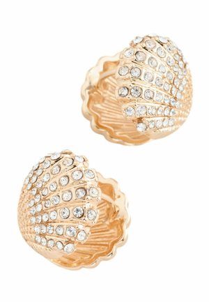 Gold-tone shell-shaped earrings adorned with clear rhinestones, featuring a textured inner design and smooth outer surface.