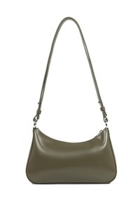 Borsa hobo verde oliva realizzata in materiale sintetico lucido, caratterizzata da un design curvato elegante, tracolla regolabile e chiusura con zip.