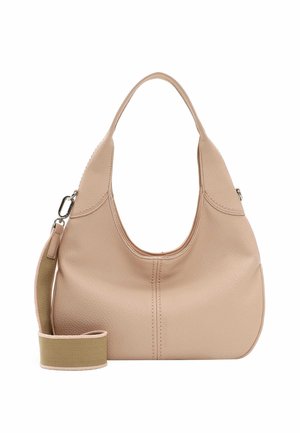 Borsa hobo in morbida pelle testurizzata beige chiaro, caratterizzata da una silhouette arrotondata, una singola tracolla e una tracolla in tela removibile.