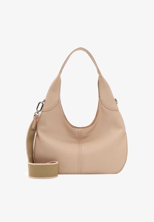 Hobo tas van zacht, lichtbeige gestructureerd leer, met een afgeronde silhoutte, een enkele schouderriem en een afneembare canvasriem.
