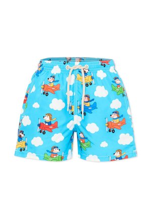 Pantaloncini azzurri chiaro con nuvole bianche e cani colorati che indossano occhiali da aviatore e volano con aerei rossi, gialli, blu e verdi, con un cordoncino bianco.