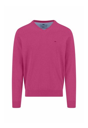 Pull pour homme à manches longues, col en V rose, avec poignets et ourlet côtelés, petit logo brodé sur la poitrine gauche.