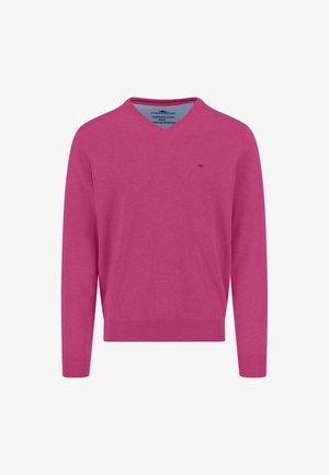 Heren lange mouw roze V-hals trui met geribbelde manchetten en zoom, klein geborduurd logo op de linkerborst.