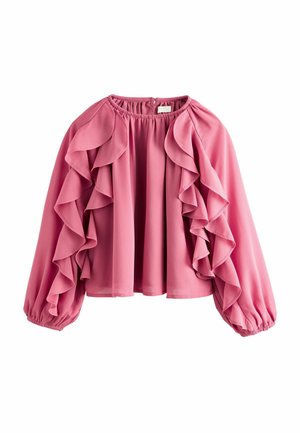 Rosa, geraffte Bluse mit rundem Ausschnitt, langen Ballonärmeln und geschichteten Rüschendetails. Aus leichtem Stoff mit weicher Textur gefertigt.