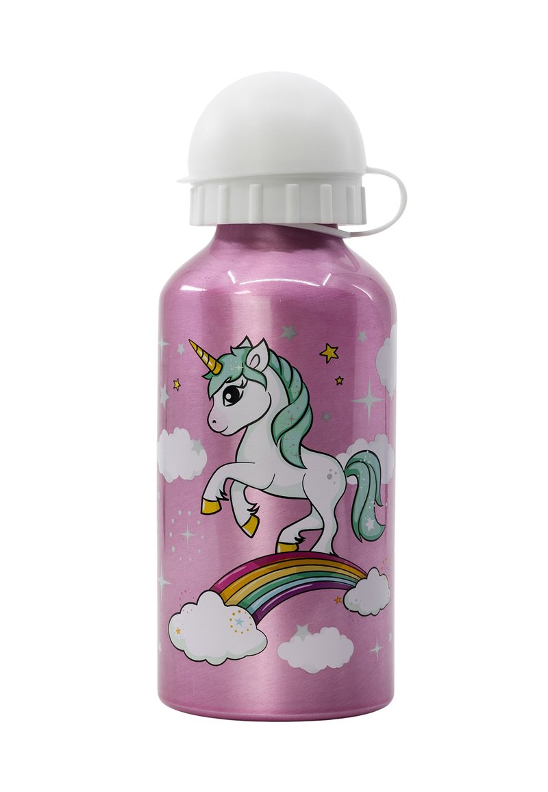 Botella de agua de aluminio rosa con tapa blanca de rosca. Presenta un gráfico de un unicornio, un arcoíris, nubes y estrellas impresos en la superficie.