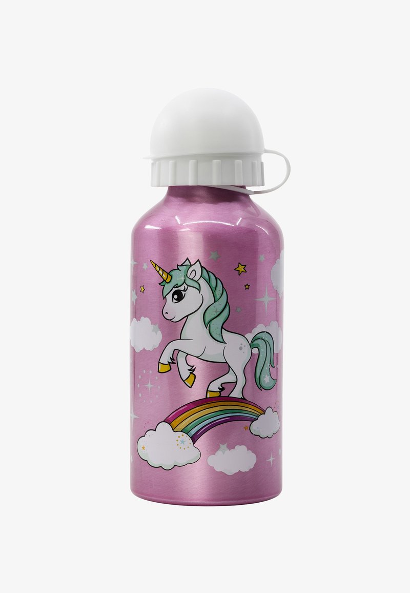 Botella de agua de aluminio rosa con tapa blanca de rosca. Presenta un gráfico de un unicornio, un arcoíris, nubes y estrellas impresos en la superficie.