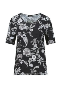 Schwarzes T-Shirt mit kurzen Ärmeln und weißem Blumen- und Paisleymuster, runder Ausschnitt, weicher Baumwollmix und lockere Passform.