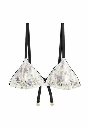 Biały trójkątny top od bikini z czarnymi paskami, z delikatnym czarnym i szarym botanicznym wzorem oraz małymi złotymi detalami metalowymi.