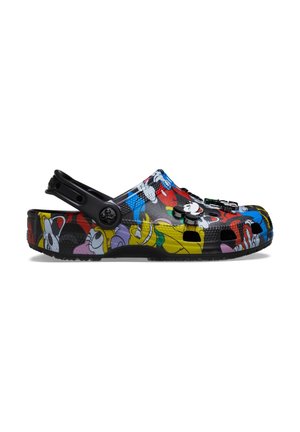 Colorful clog footwear featuring Disney cartoon character prints, with a black adjustable heel strap and ventilation holes on the toe area.