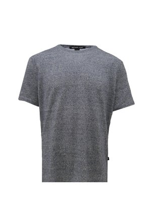 T-shirt grigia tinta unita a maniche corte con scollo rotondo, in tessuto morbido e strutturato, con una piccola etichetta nera del marchio sul collo.