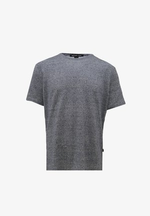 T-shirt grigia tinta unita a maniche corte con scollo rotondo, in tessuto morbido e strutturato, con una piccola etichetta nera del marchio sul collo.