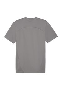 Graues Kurzarm-T-Shirt aus glattem Stoff, mit einem geschwungenen Nahtdesign auf der Rückseite. Schlichtes, lockeres Fit ohne zusätzliche Akzente.