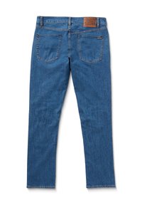 Jeans in denim blu con un design a gamba dritta, cinque tasche e una toppa in pelle sulla vita con il logo del marchio.