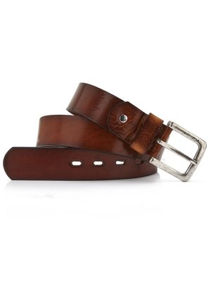 Brown leather belt with a smooth texture, featuring a silver metal buckle and several holes for adjustment. The design is classic and simple.