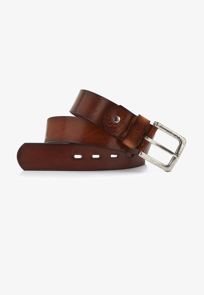 Ruskea nahkavyö, jossa on sileä pinta, varustettuna hopeisella metallisoljella ja useilla reijillä säätämistä varten. Muotoilu on klassinen ja yksinkertainen.
