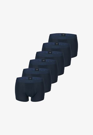 Six pairs of dark blue men's boxer briefs arranged in a diagonal line with branded elastic waistbands visible.