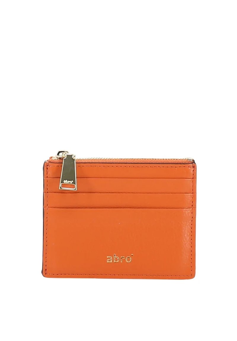 Orange leather card holder with a zippered compartment, six card slots, and a gold-tone hardware accent. Smooth texture, minimal design.