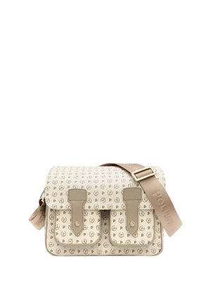 Borsa beige a tracolla con tracolla regolabile, stampata con motivo ripetuto "P" e due tasche frontali con patta e fibbie.
