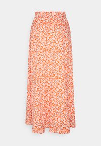 Lang oransje skjørt med et blomsterdesign og hvite tusenfryd, med flagrende fasong og høy midje. Laget av lett materiale.