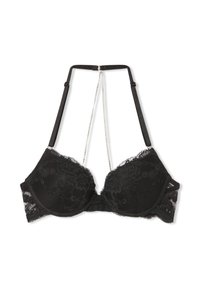 Reggiseno in pizzo nero con coppe imbottite, motivo floreale, spalline regolabili e un dettaglio decorativo a catena che collega le spalline sul retro.