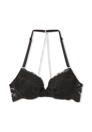Reggiseno in pizzo nero con coppe imbottite, motivo floreale, spalline regolabili e un dettaglio decorativo a catena che collega le spalline sul retro.