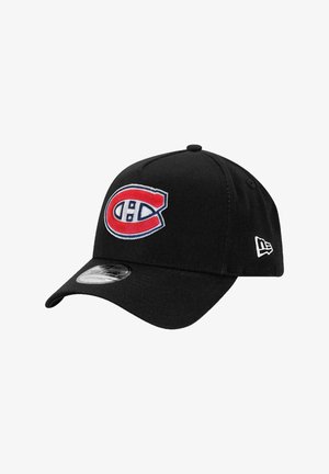 Black baseball cap made of fabric, featuring a red and blue embroidered logo on the front and a small white logo on the side.