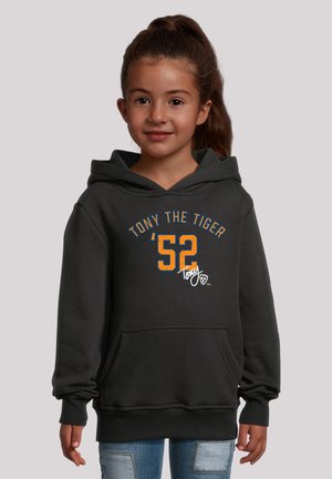 Gray hooded sweatshirt with front pocket featuring orange and blue "TONY THE TIGER '52" text. Long sleeves with ribbed cuffs, soft fabric texture.