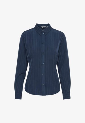 Granatowa koszula z długim rękawem z kołnierzykiem zapinanym na guziki, z delikatnymi pionowymi paskami, zapięciem na guziki i teksturowanym materiałem.