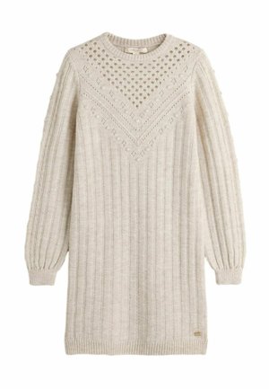 Langes beiges Strickkleid mit Rippenmuster, aufgepufften Ärmeln und strukturiertem Diamant- und Punktdesign auf der oberen Vorderseite.