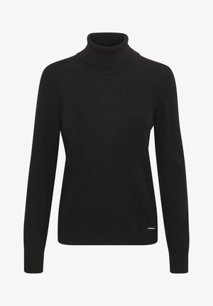 Maglione a collo alto di colore nero realizzato in materiale a coste, con un design aderente e maniche lunghe. Sottile dettaglio del marchio all'orlo.