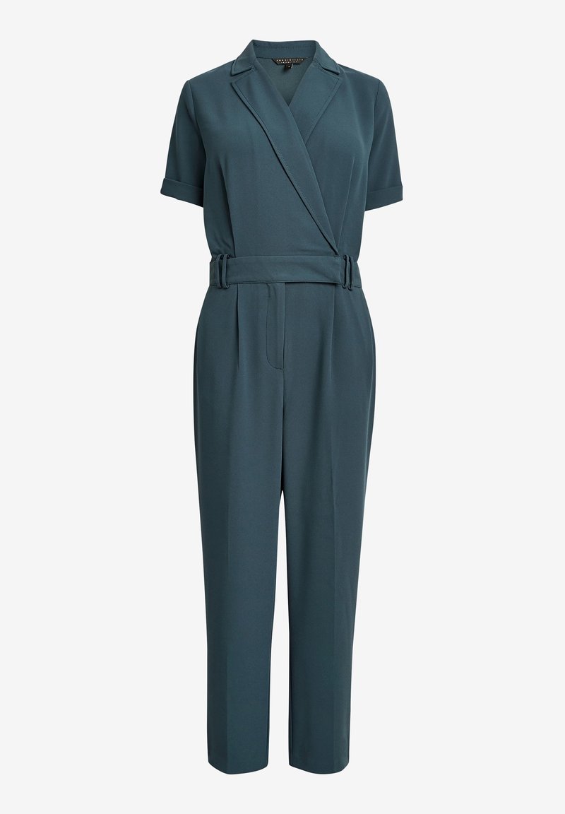 Teal jumpsuit met een wikkeldesign, korte mouwen, een ceintuur bij de taille en taps toelopende benen. Gemaakt van een gladde stof met een subtiele glans.